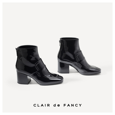 简洁百搭方头亮面牛皮短靴