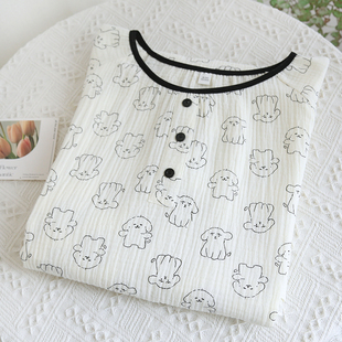 纯棉睡衣女夏季双层纱布圆领短袖中长裙睡裙卡通泡泡纱薄款家居裙