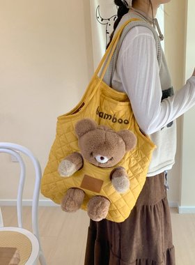 可爱小熊塞娃托特包大容量玩偶单肩包外出娃包卡通熊猫轻便手提包