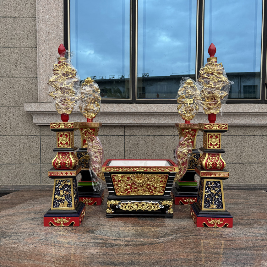 彩色大五供神明宴王套川头组合彩绘贴金五贡马槽炉花瓶佛道坛供奉