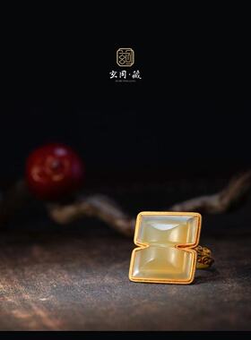 古工字佩18K金镶天珠玛瑙戒指
