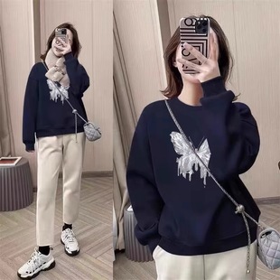 圆领秋冬卫衣女加绒加厚宽松显瘦长袖外套休闲套头外穿百搭上衣服