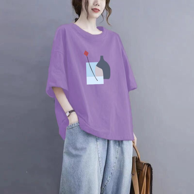 100%纯棉胖mm短袖t恤女2026夏季新款女士遮肉宽松大码中长款上衣