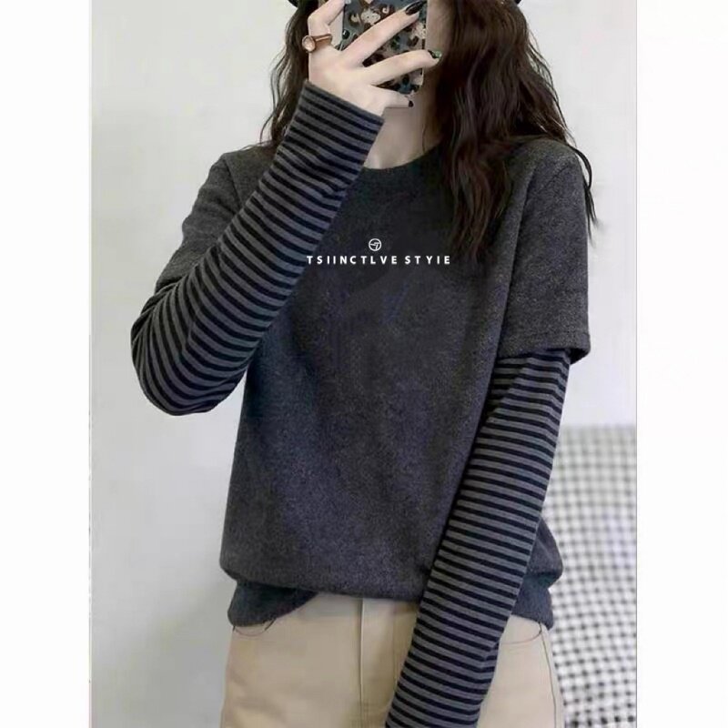 纯棉条纹拼接假两件长袖t恤女装时尚百搭减龄上衣春秋季新款