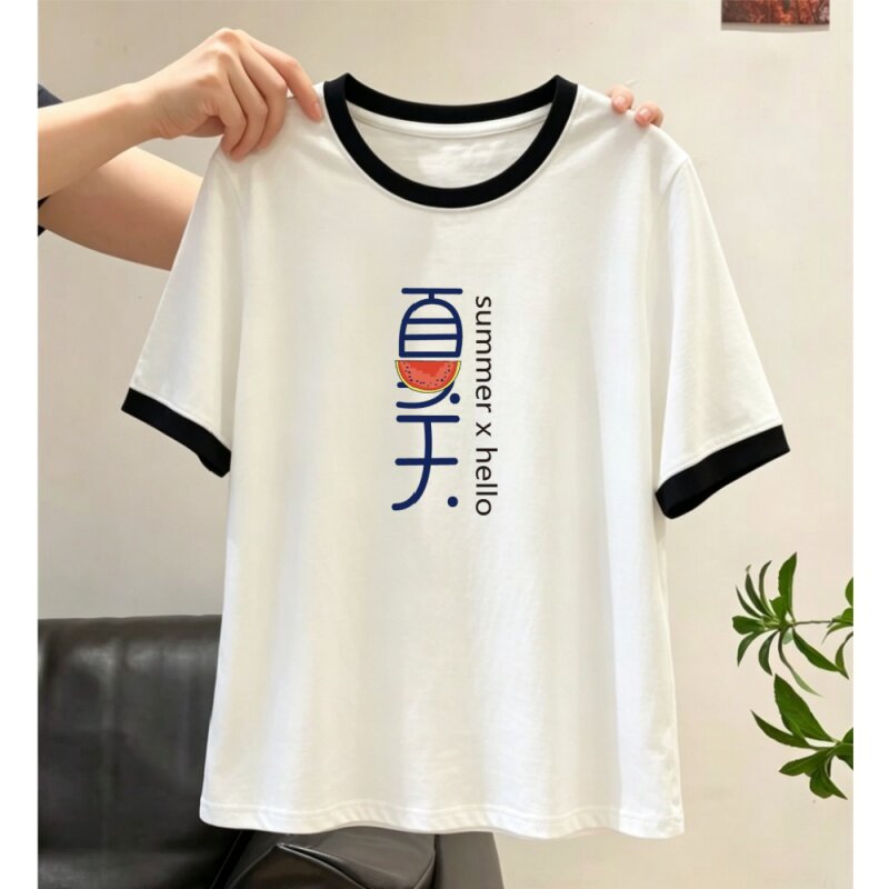 白色撞色纯棉短袖t恤女夏季新款宽松拼接半袖休闲印花上衣女