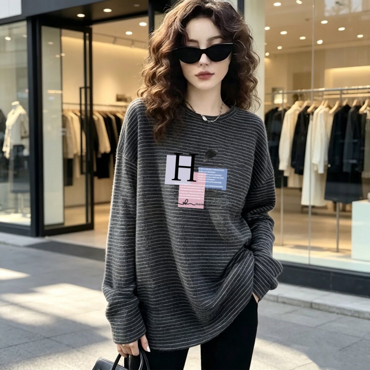 德绒中长款长袖t恤女欧货宽松显瘦秋冬保暖打底衫减龄印花上衣