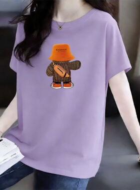 100%纯棉夏季新款大码宽松显瘦遮肚子印花短袖女韩版百搭圆妈妈装