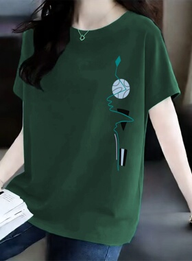 夏季大码女士100%纯棉薄款宽松显瘦百搭印花遮肉T恤女妈妈装潮流