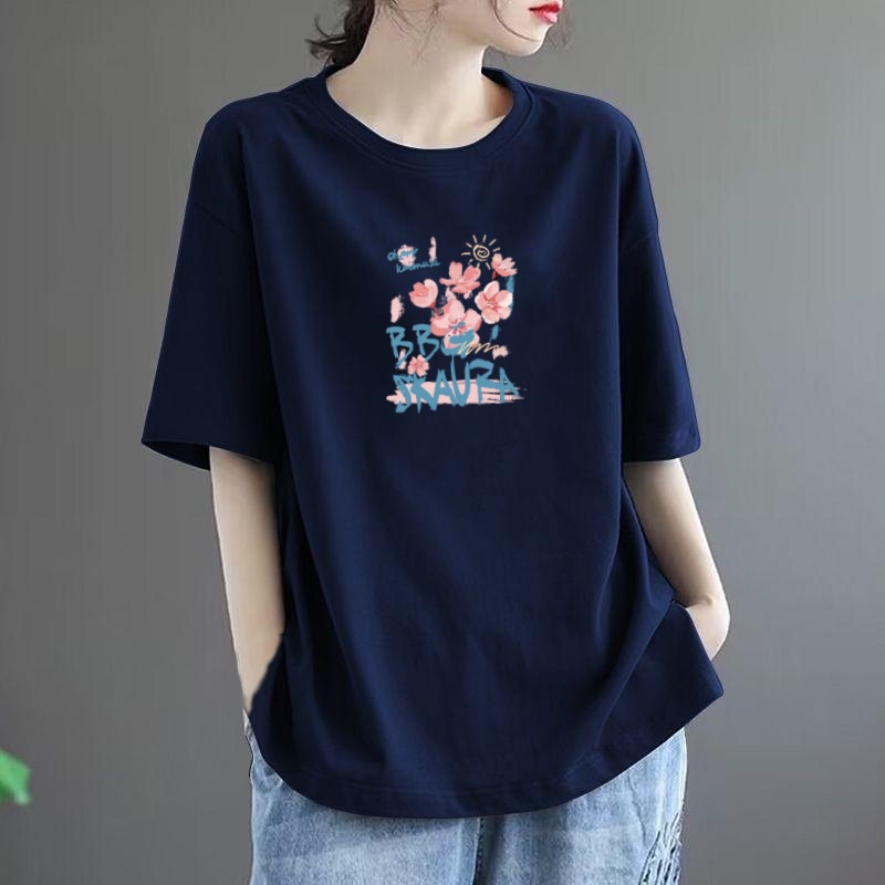 大码女装纯棉短袖女显瘦遮肉减龄印花休闲t恤宽松圆领半袖上衣夏