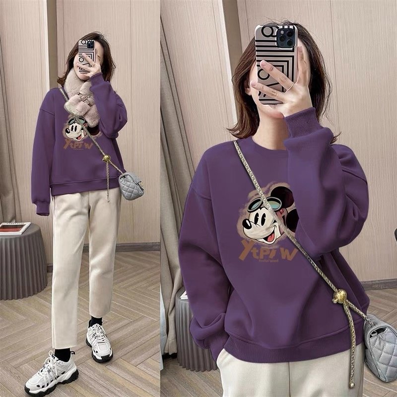 圆领秋冬卫衣女加绒加厚宽松显瘦长袖外套休闲套头外穿百搭上衣服