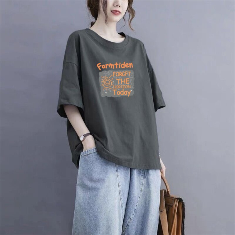 潮流夏季时尚纯棉短袖T恤女士新款百搭宽松圆领半袖上衣潮牌女衫