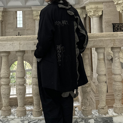 -EvanXX 原创暗黑风壮烈成仁褶皱拼接刺绣不对称薄西装