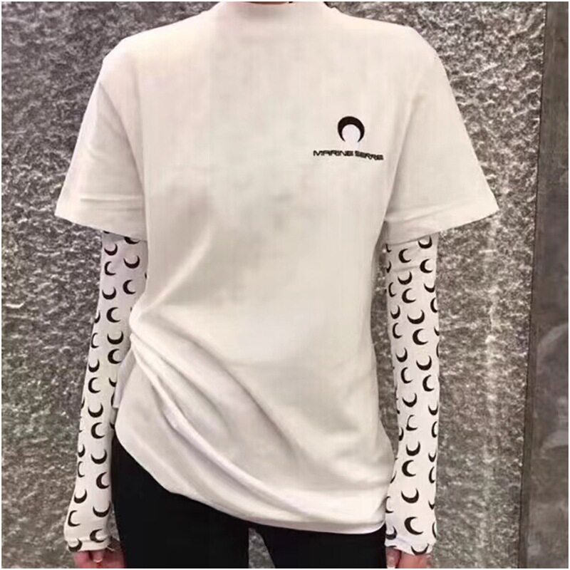 marineEPRINCESS简约刺绣半月字母男女T恤圆领时尚月牙短袖男女潮