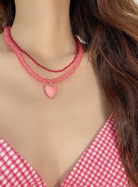 撞色糖果色爱心吊坠项链个性甜酷珍珠桃心锁骨链颈链甜酷风女式