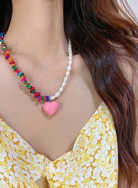 韩国设计师撞色糖果色爱心吊坠项链个性甜酷珍珠桃心锁骨链颈链