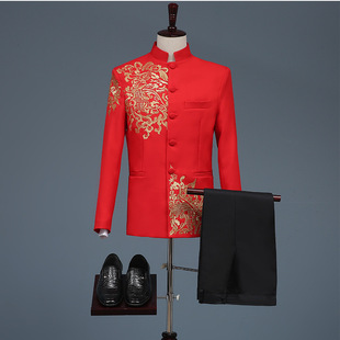 2024新款男士绣花中山装唐装秀禾服舞台主持人司仪大合唱团演出服