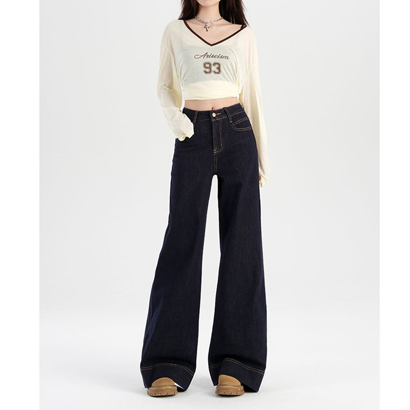 丹宁直筒微喇牛仔裤女宽松春秋深蓝色小个子阔腿拖地裤子高腰时尚