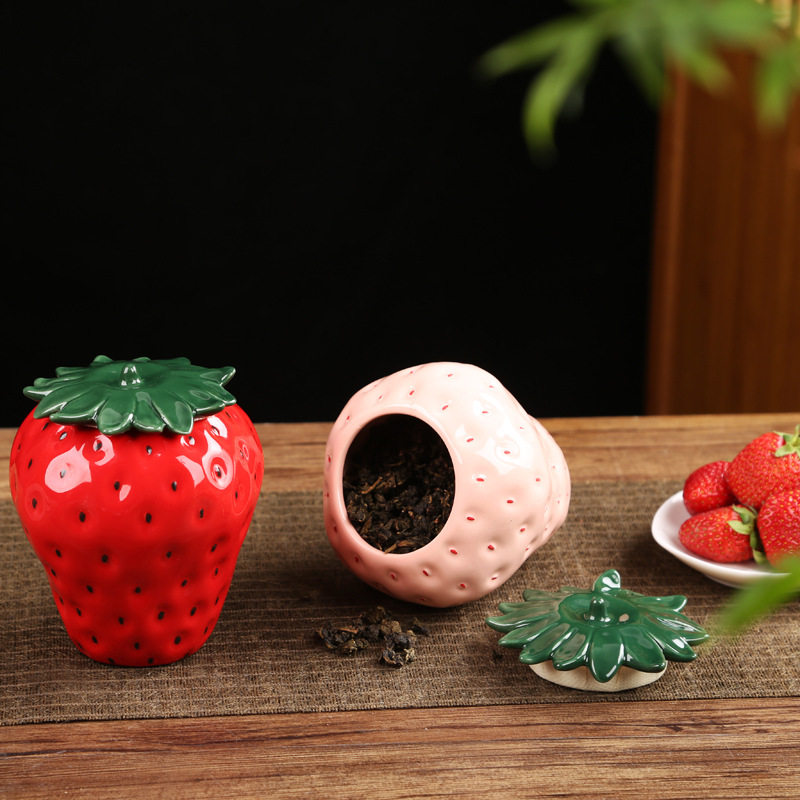 草莓茶叶罐创意陶瓷家居密封摆件仿真水果储物罐婚庆喜糖红茶普洱