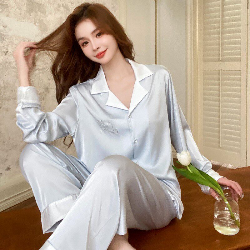 女款套装睡衣女夏季长袖感两件套冰丝绸可外穿休闲家居服轻奢薄款