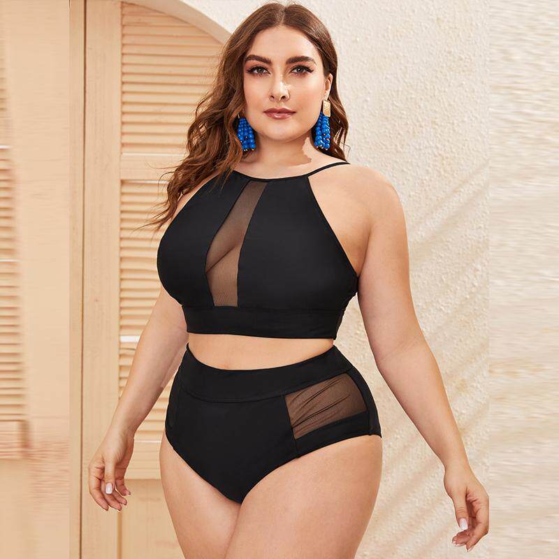 欧美跨境肥婆版纯色网纱分体高腰比基尼大码泳衣时尚性感现平角裤