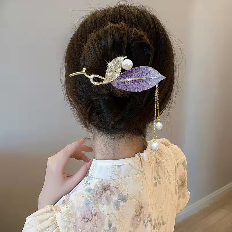 复古紫叶流苏扭扭发夹后脑勺2023新款一字高颜值气质头发夹子合金