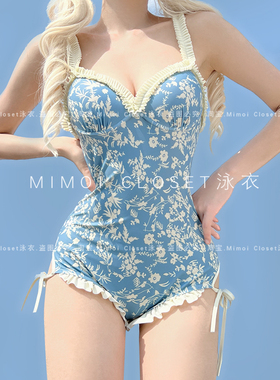 Mimoi Closet新款蓝色碎花遮肚吊带钢托聚拢泳装连体温泉游泳衣女