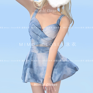 连体钢托聚拢两件微胖遮肉游泳衣女款 罩衫 Closet扎染蓝长袖 Mimoi