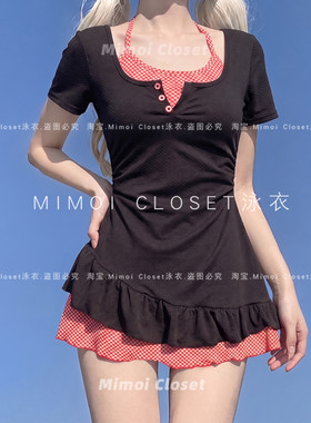 Mimoi黑色红格裙式连体泳衣女款