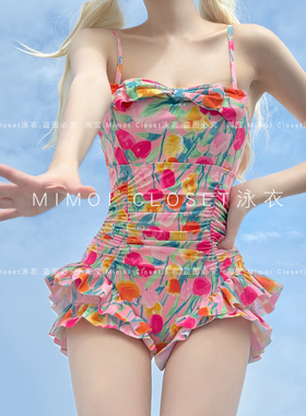 Mimoi Closet新款浪漫郁金香纯欲风吊带少女连体泡温泉游泳衣女款