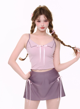 Mimoi Closet新款莫兰迪粉吊带纯欲分体裙裤式少女度假游泳衣女款