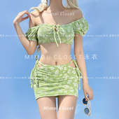 新款 绿野雏菊 一字肩分体短袖 少女裙式 Mimoi 游泳衣女款 Closet