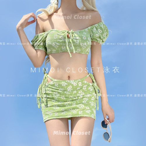MimoiCloset雏菊一字肩游泳衣女