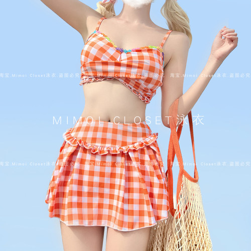 MimoiCloset橘色格子裙式泳衣女