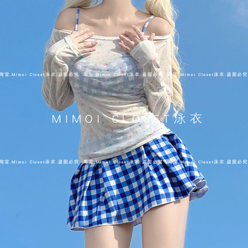 MimoiCloset蓝色格子泳衣女