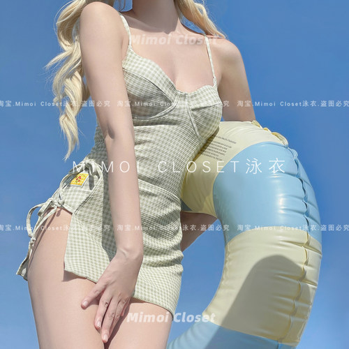 MimoiCloset绿格子吊带游泳衣女
