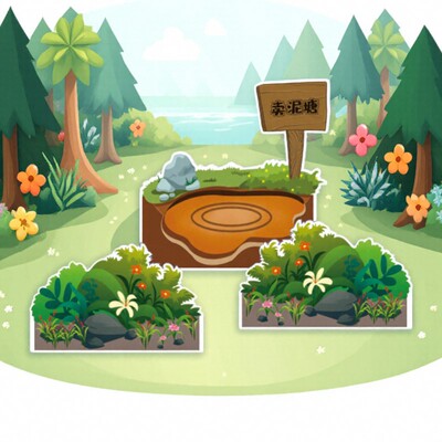 kt板卖泥塘池塘拔萝卜青蛙垃圾分类农房城堡树花草丛大山舞台道具