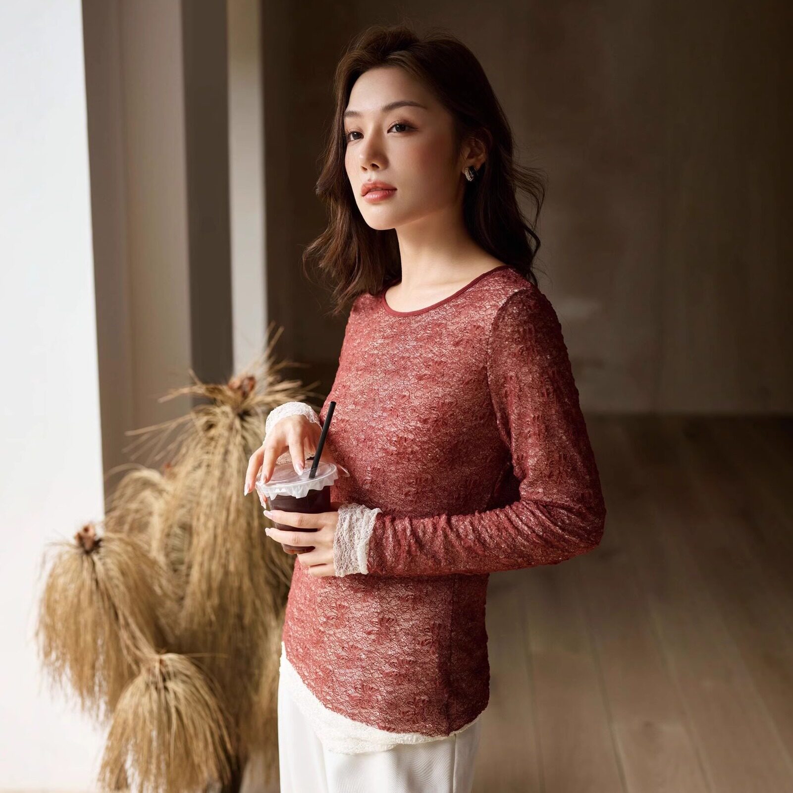 秋冬款双层蕾丝长袖网纱T恤女修身圆领打底衫百搭内搭上衣显瘦