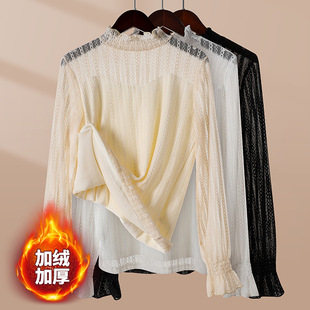 加绒加厚蕾丝打底衫女秋冬新款内搭高领洋气小衫磨毛保暖网纱