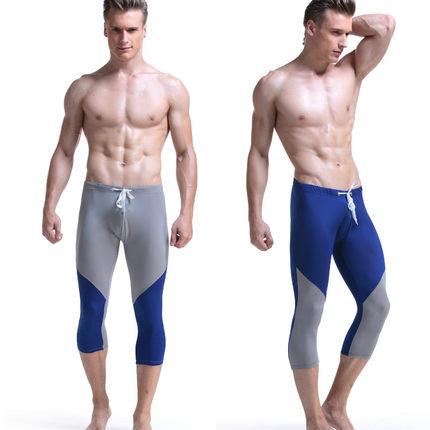 健身七分裤男系绳休闲运动跑裤过膝游泳裤弹力紧身涤纶拼色7分裤