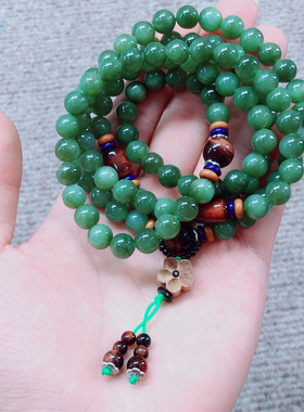 P296 约8mm天然和田玉碧玉佛串圆珠项链多圈手链微猫俄罗斯碧玉