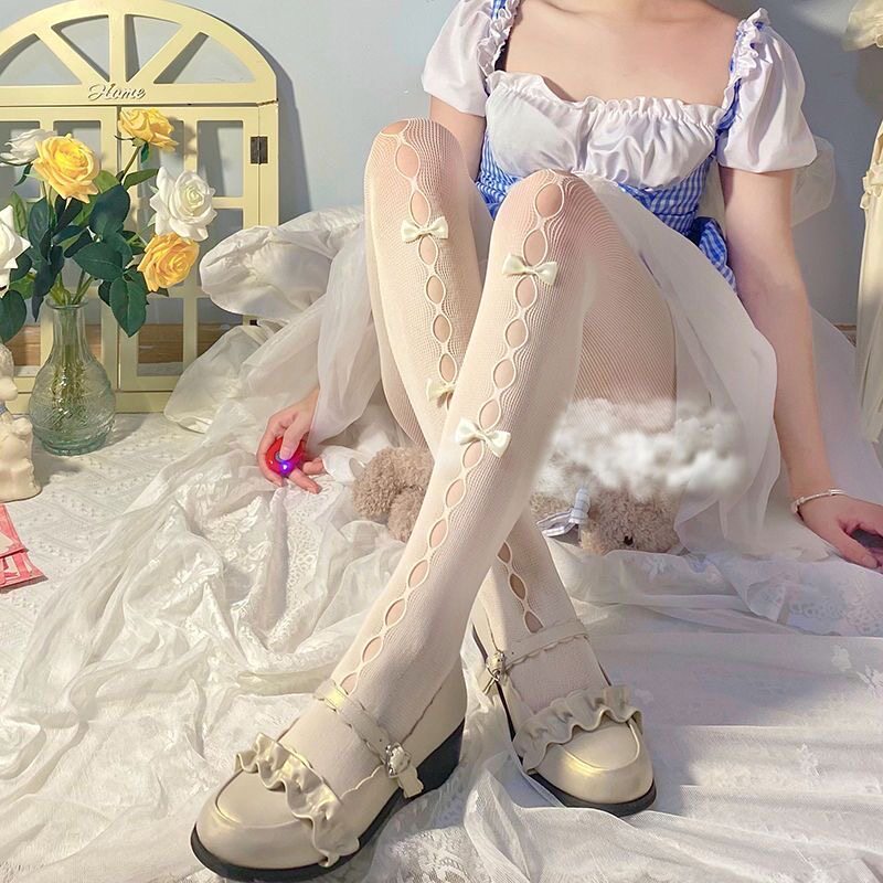 Lolita软妹日系白色丝袜洛丽塔蝴蝶结镂空打底连裤袜夏季薄款萝莉