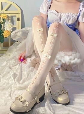 Lolita软妹日系白色丝袜洛丽塔蝴蝶结镂空打底连裤袜夏季薄款萝莉