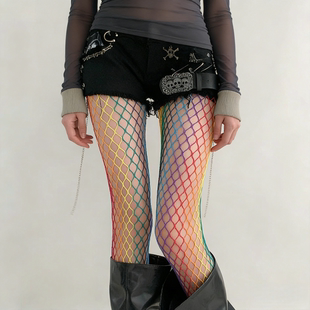 春夏新辣妹穿搭镂空拼接彩虹网袜性感编织个性 袜女 y2k网格内搭裤