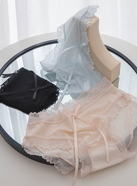 蝴蝶结蕾丝中腰三角裤女士内裤全包臀亲肤透气性感纯欲情趣薄透