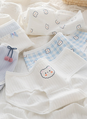 甜欲蓝纯棉中腰三角裤女士内裤全包臀亲肤透气小熊格子蝴蝶结蓝白