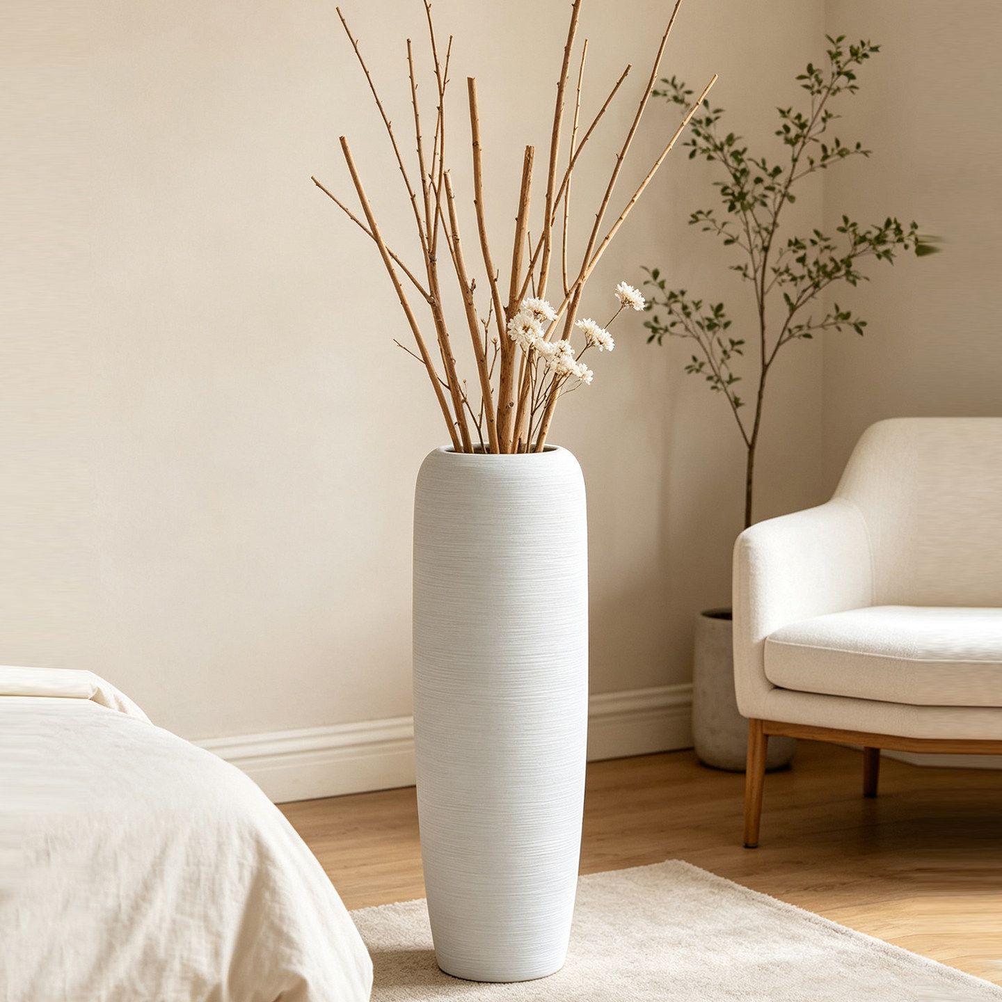现代简约客厅北欧落地花瓶大号陶瓷干花家居玄关插花摆件白色花瓶
