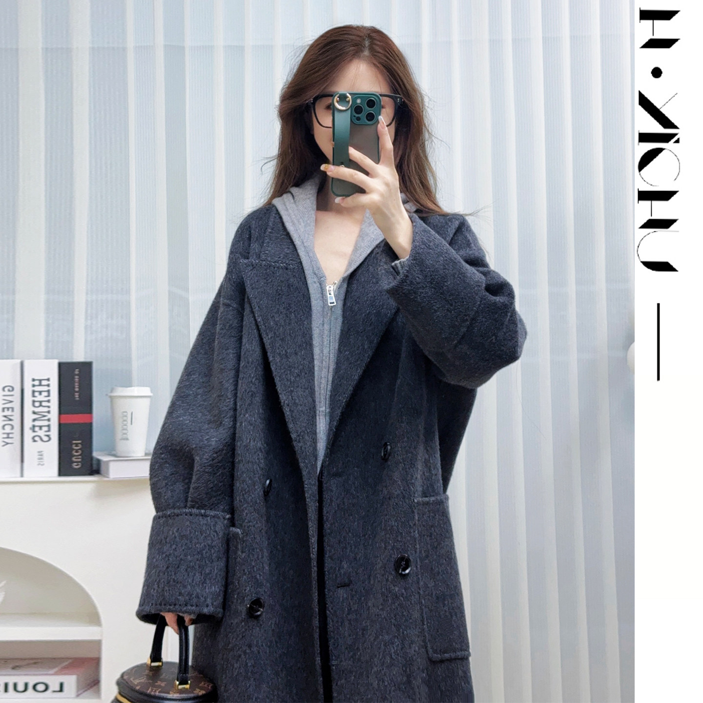 黑灰色双面羊绒大衣女赵丽颖同款