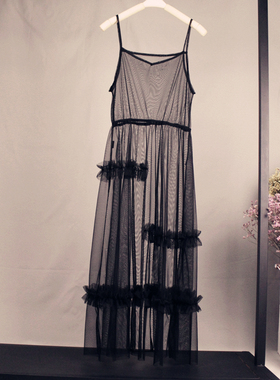 2025新品网纱吊带连衣裙外穿百搭收腰花边罩裙内搭吊带裙蓬蓬裙