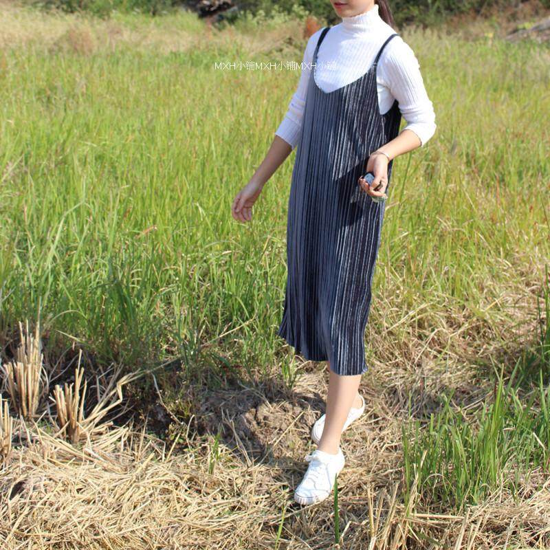 2025春秋新款韩版丝绒吊带背心裙显瘦连衣裙子女背带长裙开叉裙