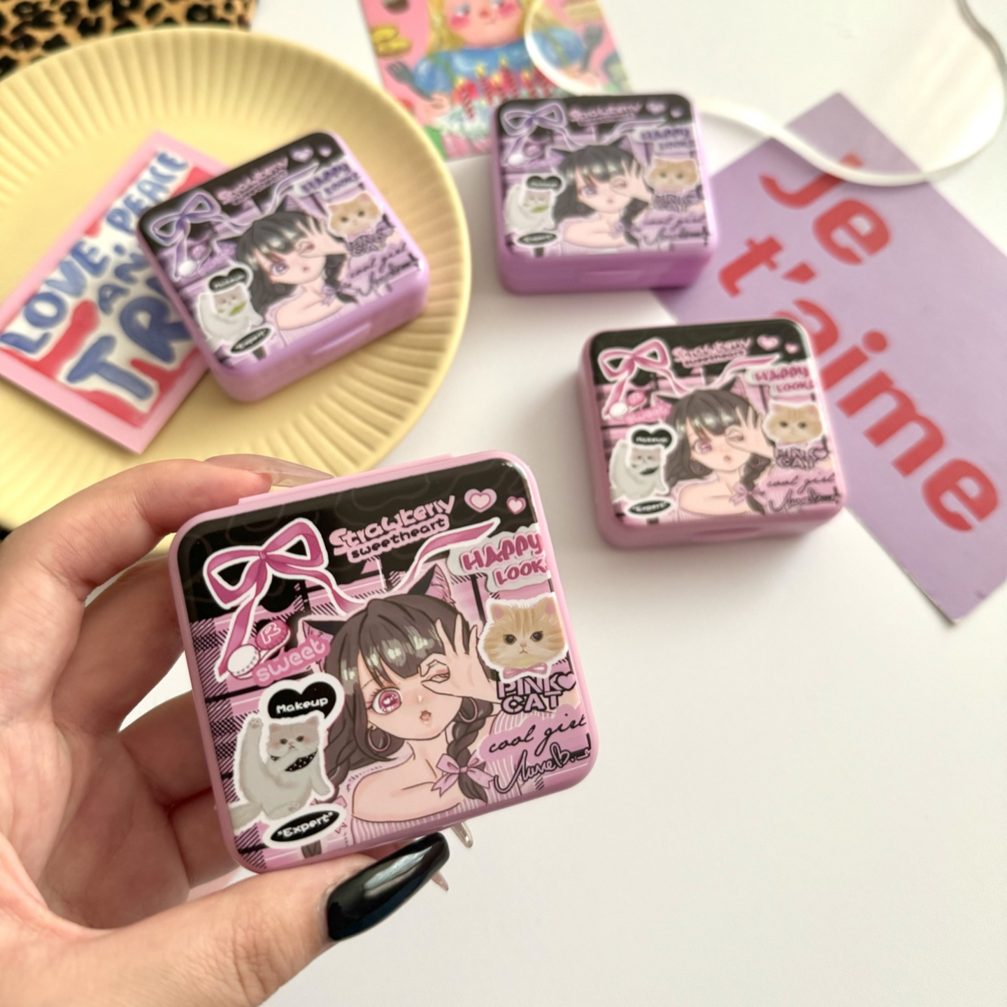 带镜子甜酷女孩ins隐形眼镜盒子伴侣护理盒美瞳盒子as2410两付装